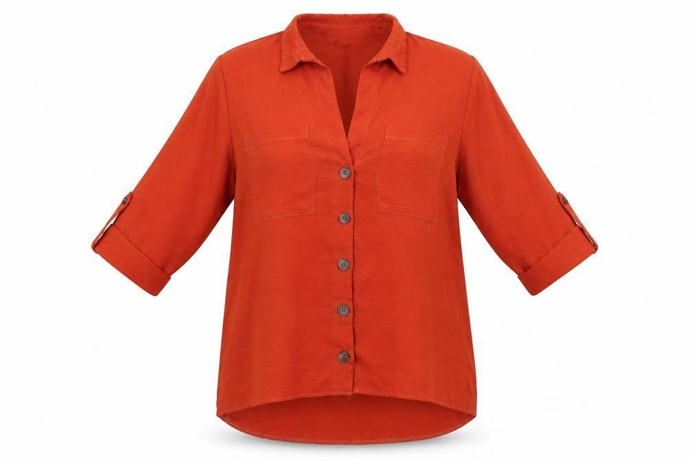 Front view of Primark women’s orange polyester basic button-up, size UK 10, collared - dark orange