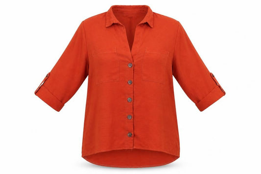 Front view of Primark women’s orange polyester basic button-up, size UK 10, collared - dark orange