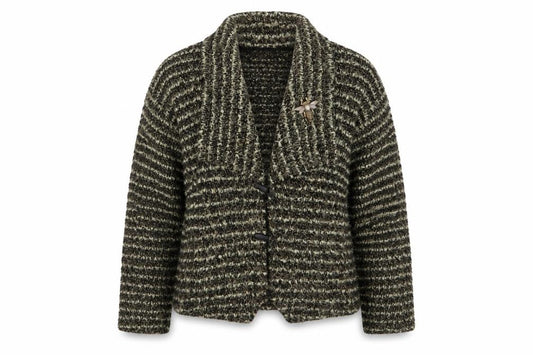 Front view of Peter Luft women’s green striped jacket coatigan, size M, - metal broach green black mix