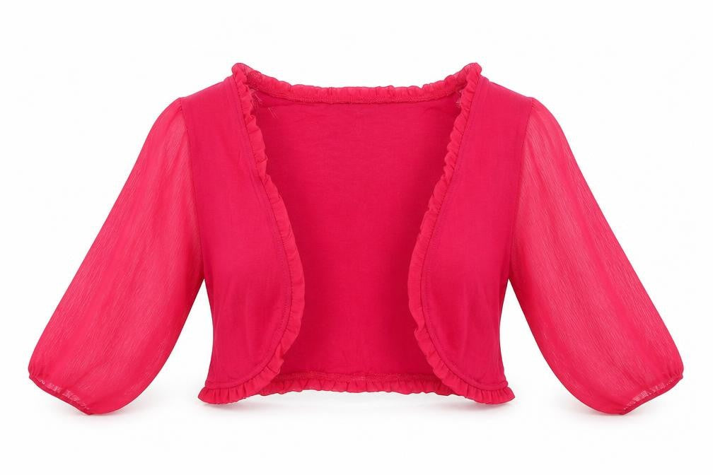 Dunnes Womens Red V-Neck  Viscose Shrug Jumper Size L   - Sheer Fabric Sleeves Frill trim