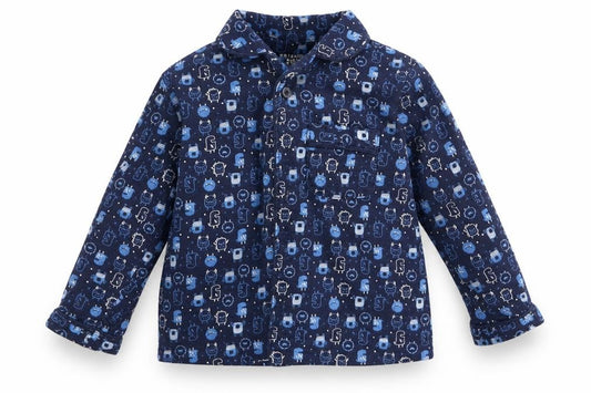 Front view of Primark boys’ blue animal print cotton pyjama top, size 18-24, months - monsters