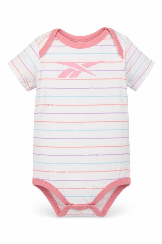 Front view of Reebok Baby White Striped Cotton Romper One-Piece, size 6-9, Months