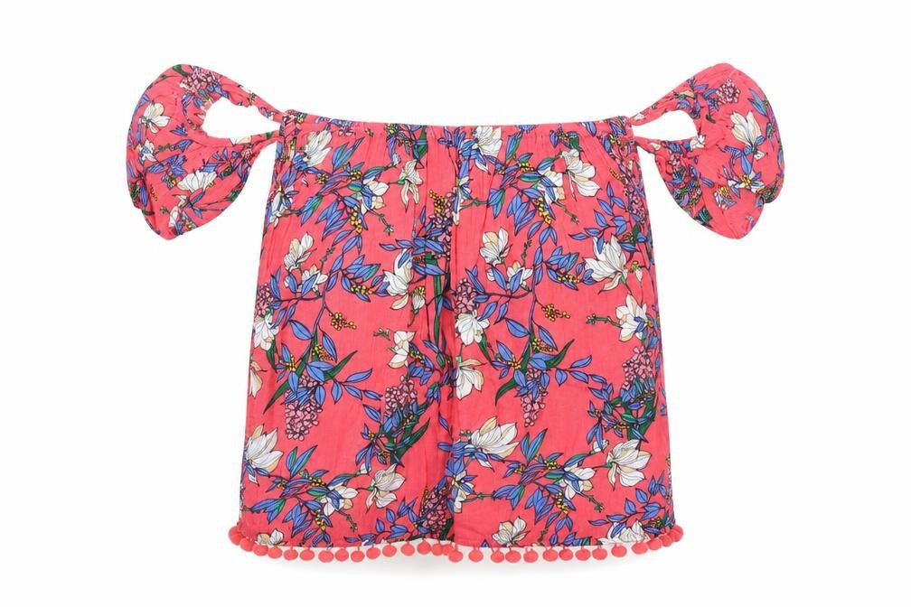 Front view of Dorothy Perkins women’s pink floral viscose basic blouse, size UK 12, square neck