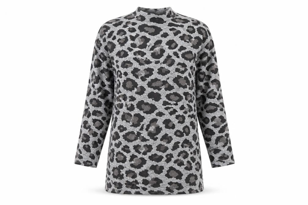 Front view of Peacocks women’s grey animal print polyester a-line, size UK 12, round neck
