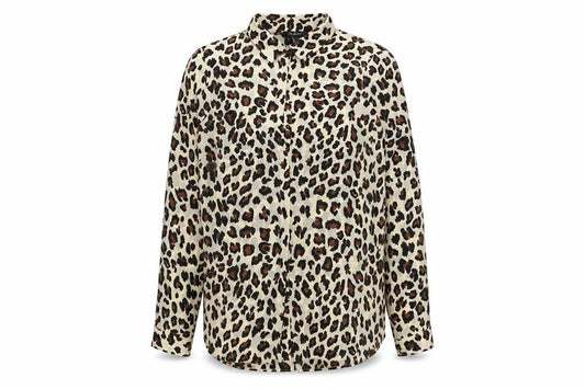 Front view of Primark women’s brown animal print polyester basic button-up, size UK 14, round neck