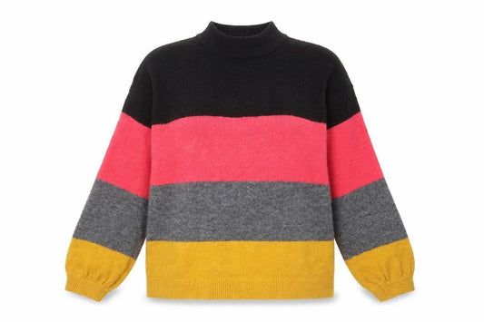 Front view of Matalan women’s multicoloured round neck striped acrylic jumper, size S