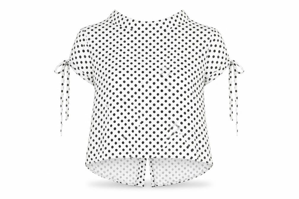 Front view of Zara women’s white polka dot cotton basic button-up, size S, round neck