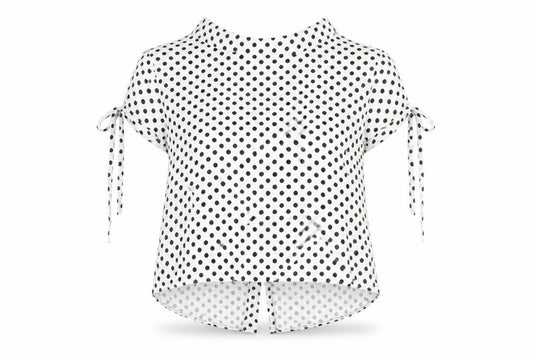 Front view of Zara women’s white polka dot cotton basic button-up, size S, round neck