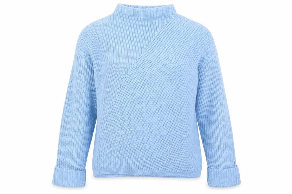 Front view of Dorothy Perkins women’s blue mock neck acrylic jumper, size UK 8