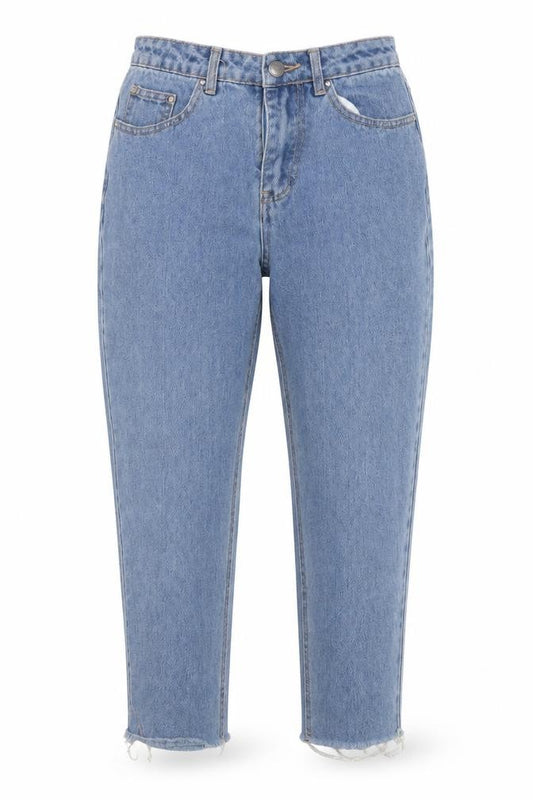 Front view of Missguided women’s blue cotton mom jeans, size UK 6, 24-inch leg regular