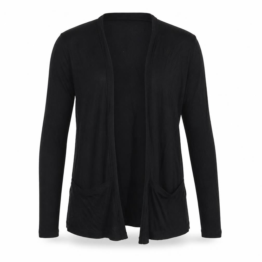 Front view of New Look women’s black v-neck viscose wrap jumper, size UK 8