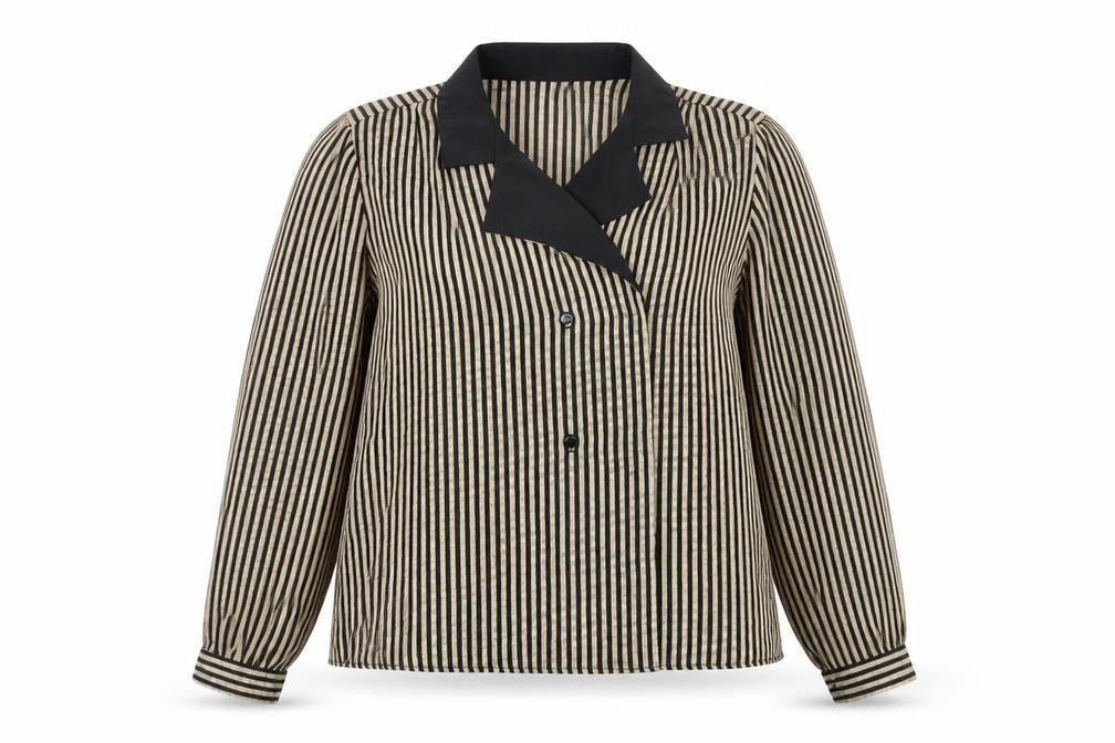 Front view of Littlewoods women’s black striped jacket, size UK 14