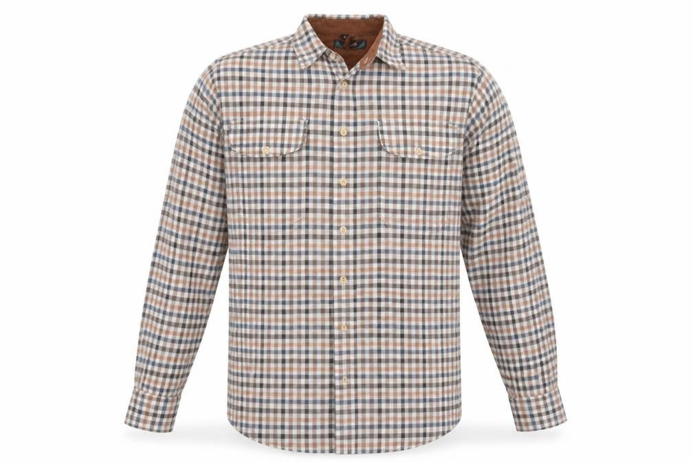Front view of Bonari men’s brown plaid cotton blend button-up, size M, collared