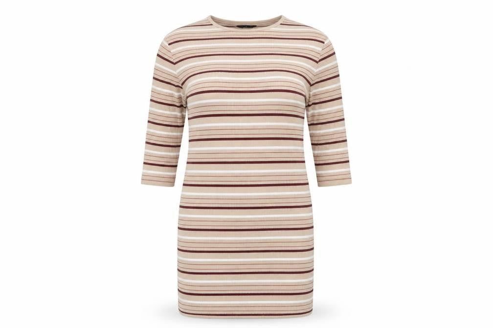 Front view of F&F women’s brown striped polyester bodycon, size UK 16, round neck
