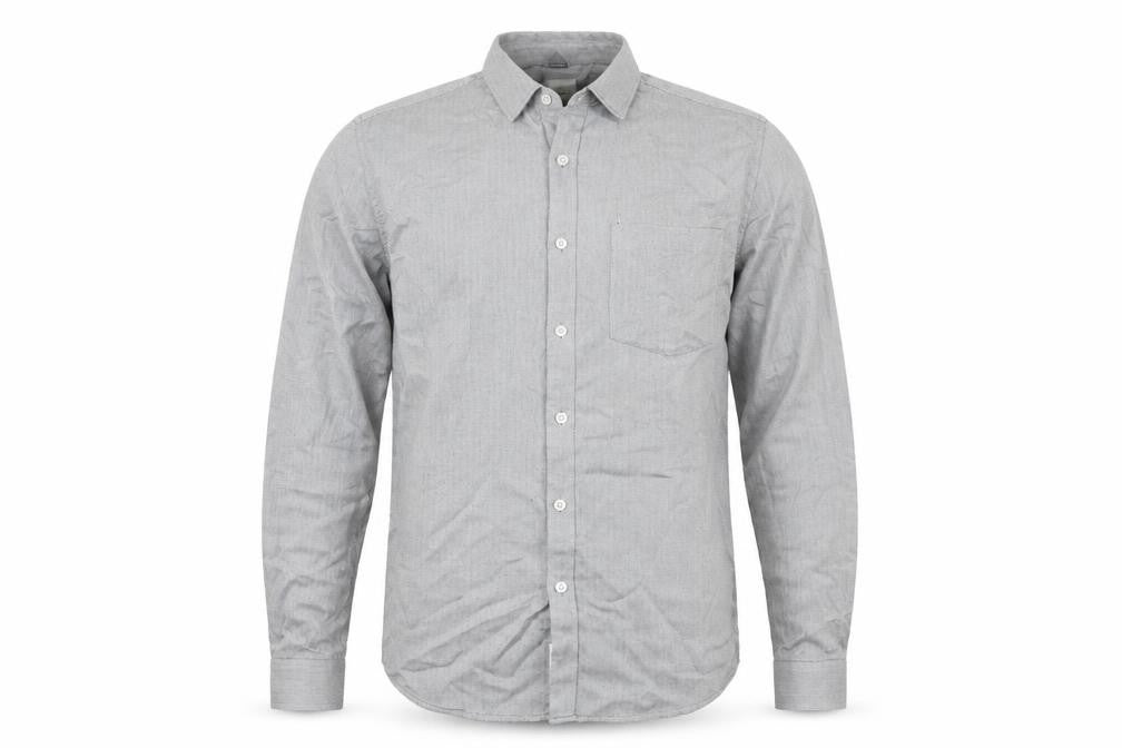 Front view of River Island men’s grey polyester button-up, size M, collared