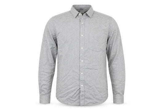 Front view of River Island men’s grey polyester button-up, size M, collared