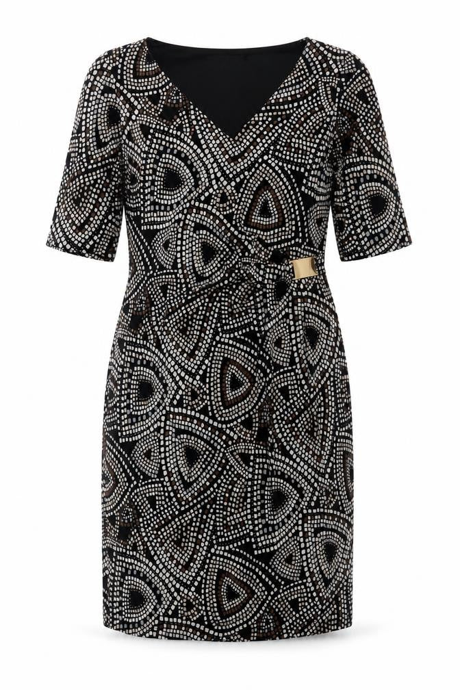 Front view of Cleo women’s black geometric polyester a-line, size UK 10, v-neck