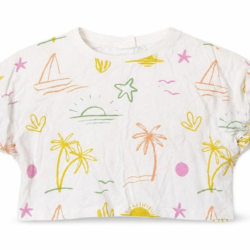 Zara Girls White Geometric Cotton Cropped Polo Size 6 Years Crew Neck  - Palm Tree& Sun Print