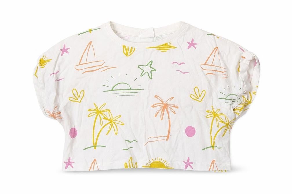Zara Girls White Geometric Cotton Cropped Polo Size 6 Years Crew Neck  - Palm Tree& Sun Print