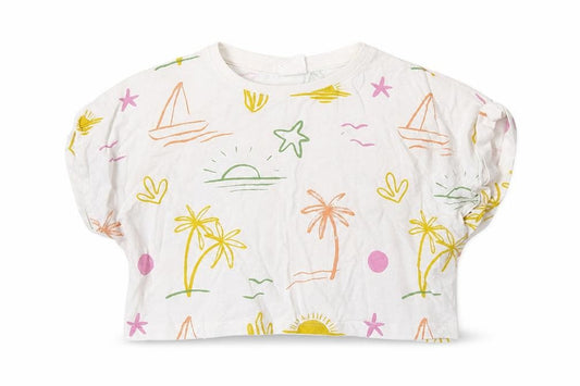 Front view of Zara girls’ white geometric cotton cropped polo, size 6, years crew neck - palm tree& sun print