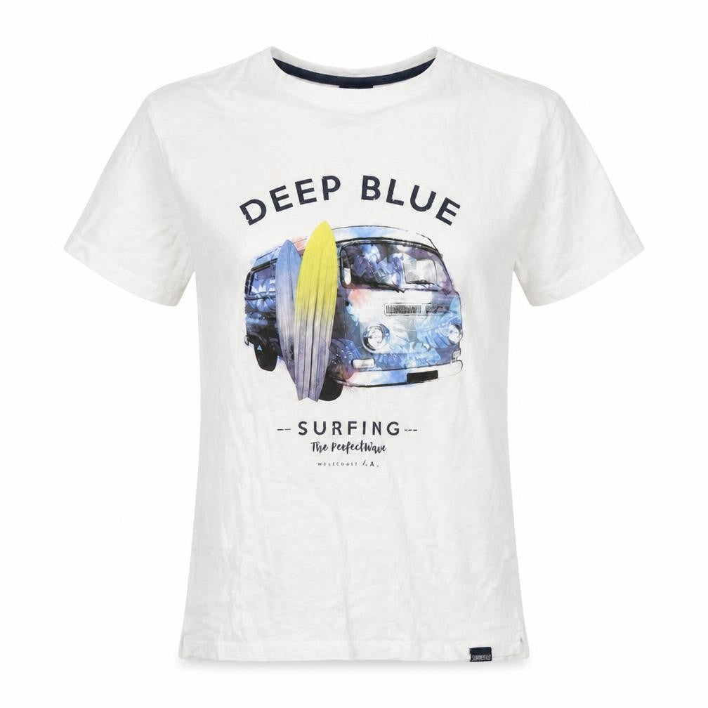 Front view of Springfield women’s white cotton basic t-shirt, size XS, crew neck - deep blue