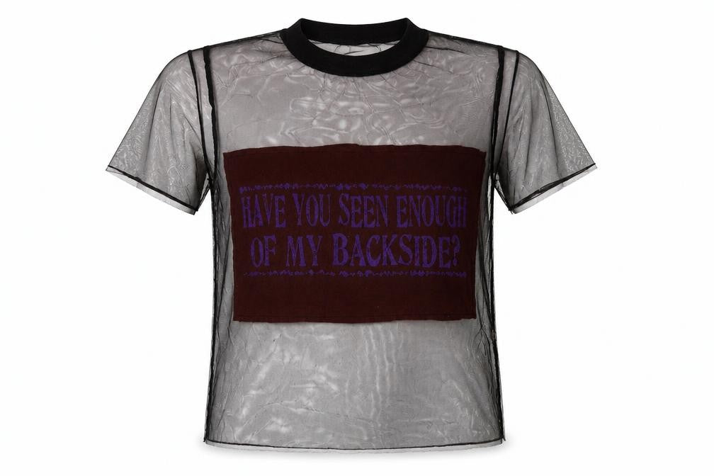Front view of Preworn women’s black polyester basic t-shirt, size S, crew neck