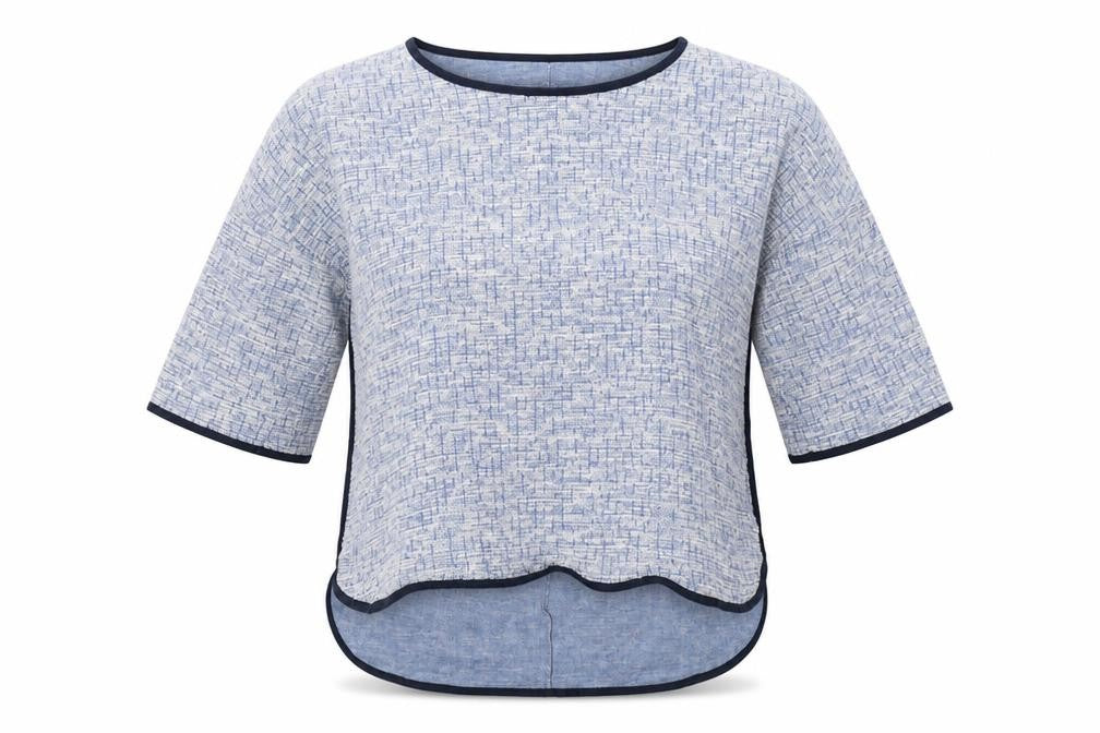 Front view of Peimark women’s blue crew neck polyester jumper, size UK 18
