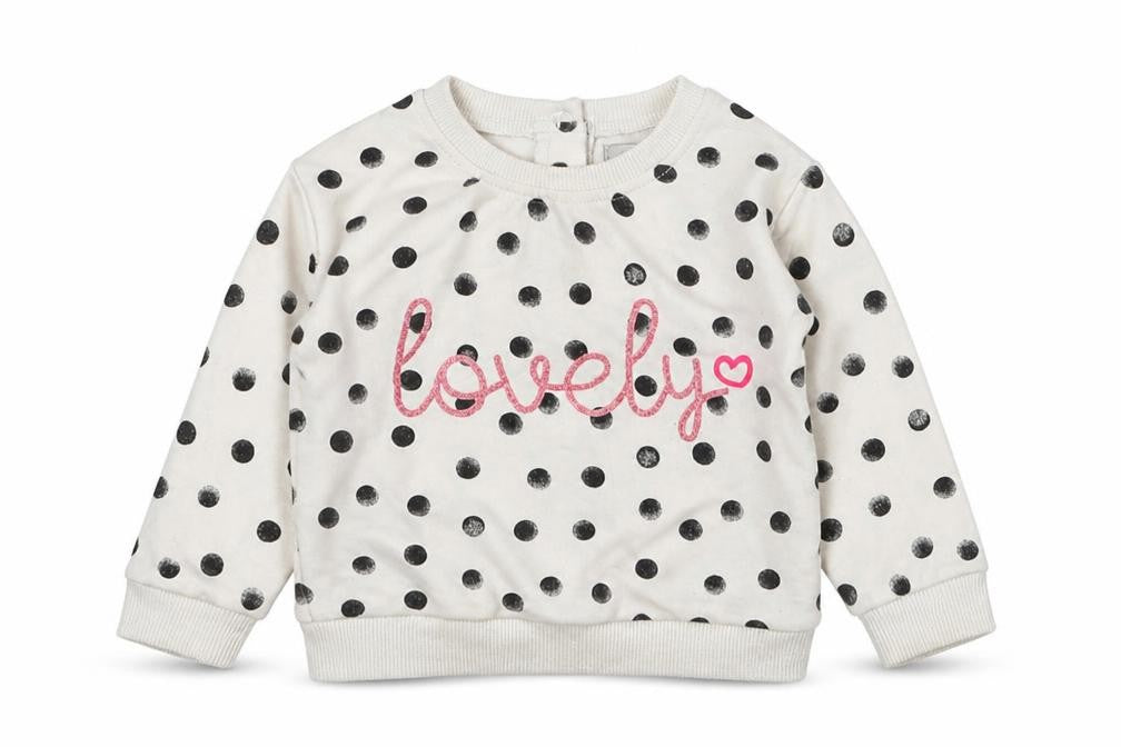 Front view of Primark girls’ multicoloured polka dot cotton jumper, size 6-9, months
