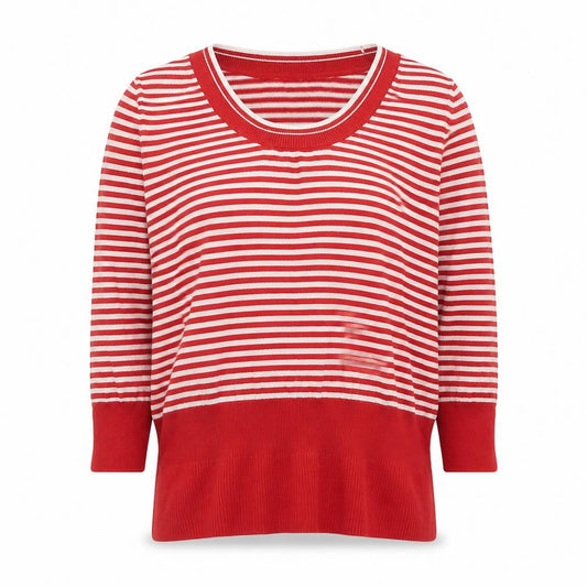 Front view of Debenhams women’s multicoloured round neck striped cotton jumper, size UK 14