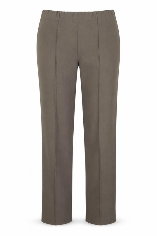 Front view of Preworn women’s brown polyester trousers, size UK 12, 27-inch leg regular