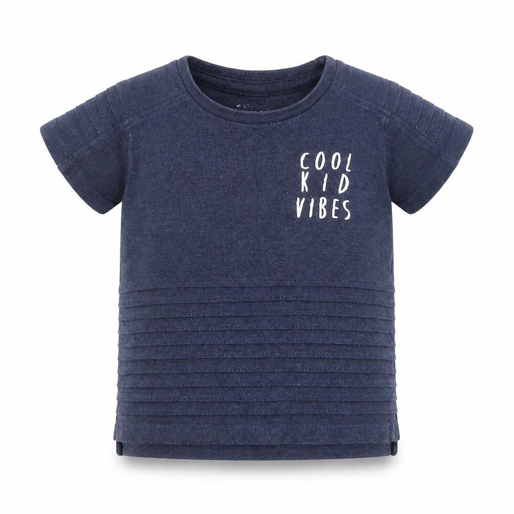 Front view of Primark boys’ blue cotton basic t-shirt, size 18-24, months round neck