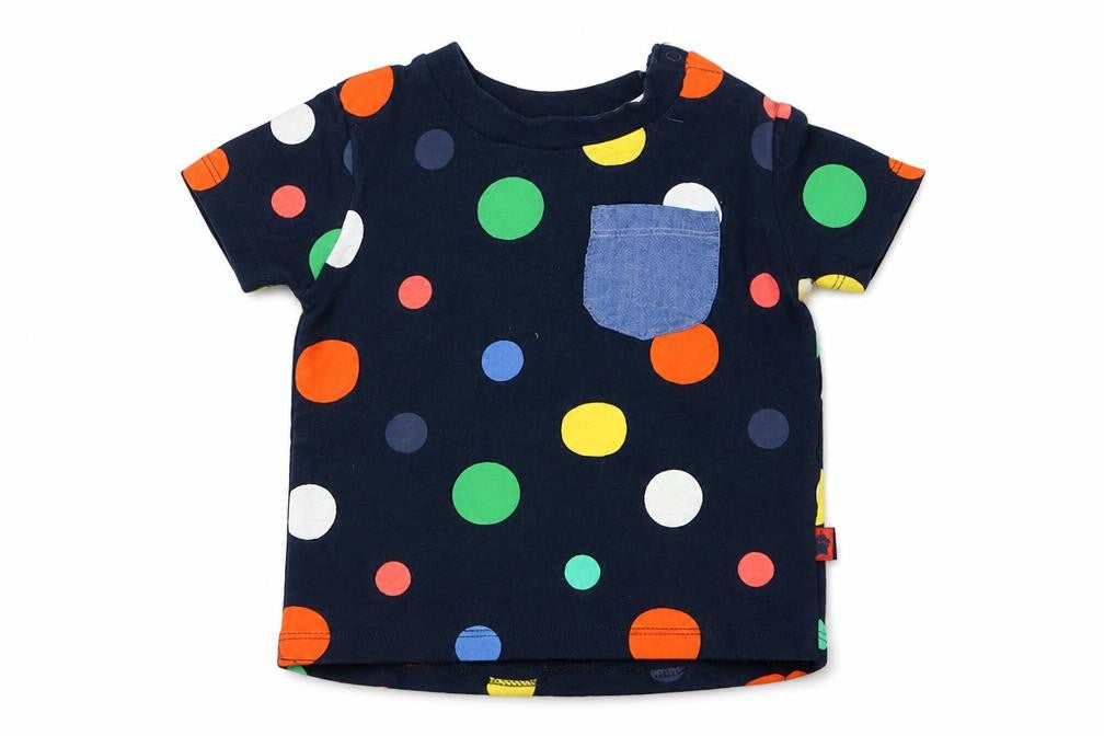 Front view of Primark boys’ multicoloured polka dot cotton basic t-shirt, size 6-9, months round neck