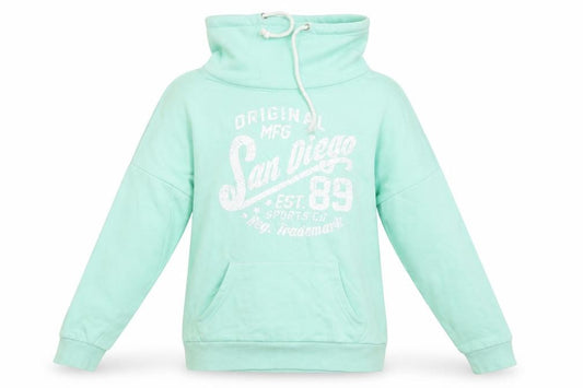 Front view of Atmosphere women’s green cotton pullover sweatshirt, size UK 6, - mint green san diego funnel neck