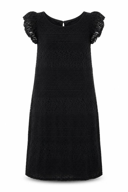 Front view of Atmosphere women’s black floral cotton a-line, size UK 6, round neck - lace overlay dress