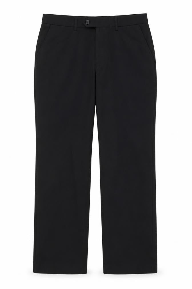 Front view of Next women’s black polyester trousers, size UK 34, 30-inch leg regular