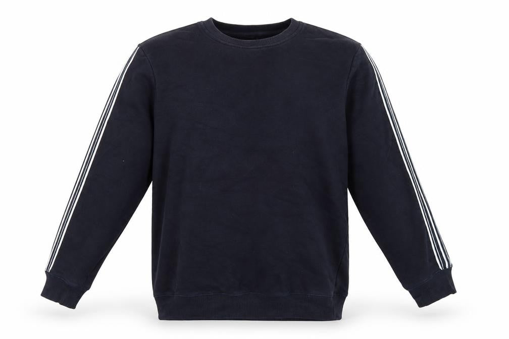 Front view of River Island men’s blue round neck cotton jumper, size L