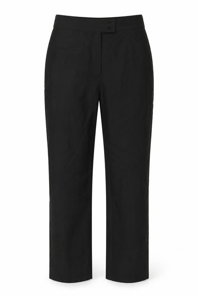 Front view of Preworn women’s black polyester trousers, size UK 8, 29-inch leg regular
