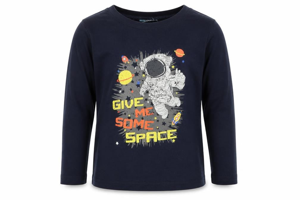 Front view of Hullabaloo boys’ blue solid polyester pyjama top, size 5-6, years - space