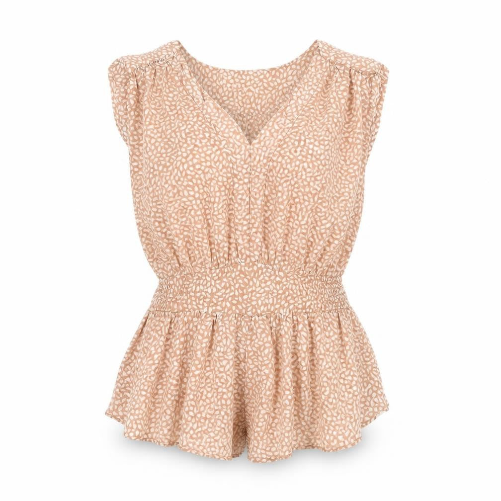 Front view of H&M women’s pink animal print lyocell basic blouse, size UK 6, v-neck