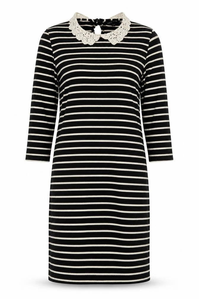 Front view of New Look women’s black striped viscose shift, size UK 8, collared