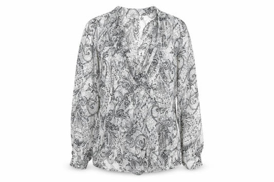 Front view of Papaya women’s grey paisley polyester basic blouse, size UK 12, v-neck