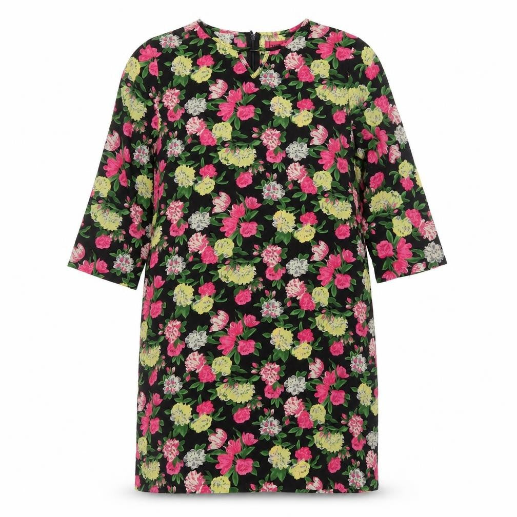 Front view of Boohoo women’s black floral polyester shift, size UK 10, round neck