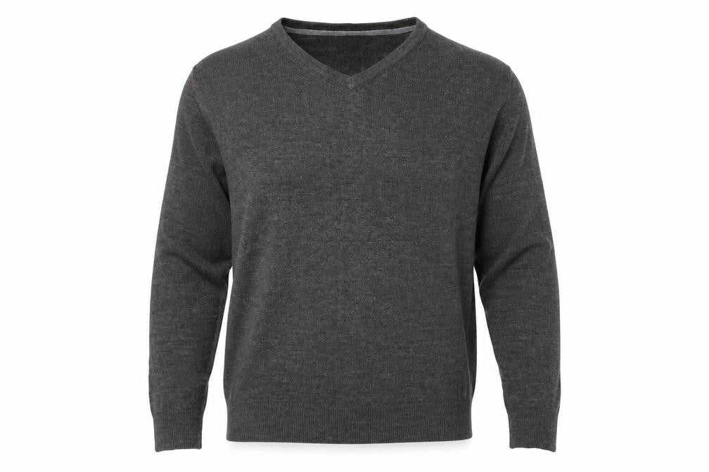 Front view of Easy men’s grey v-neck acrylic jumper, size L