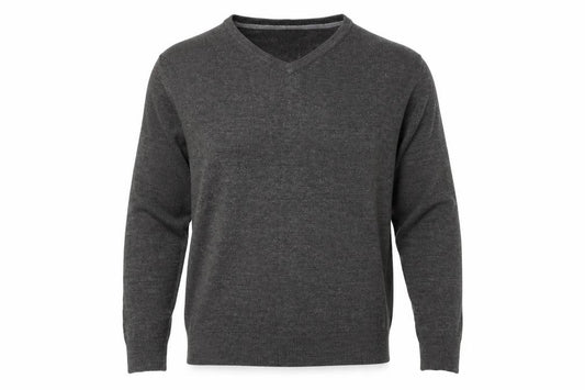 Front view of Easy men’s grey v-neck acrylic jumper, size L
