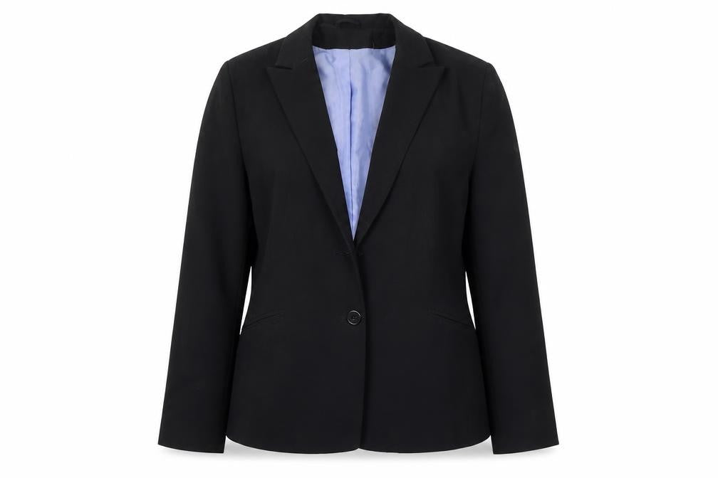 Front view of Dorothy Perkins women’s black polyester jacket suit jacket, size UK 14