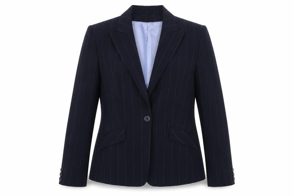 Front view of Debenhams women’s blue pinstripe polyester jacket suit jacket, size UK 14