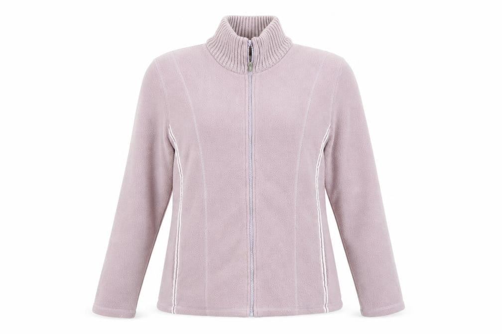 Front view of //Text.. women’s grey crew neck polyester full zip jumper, size M