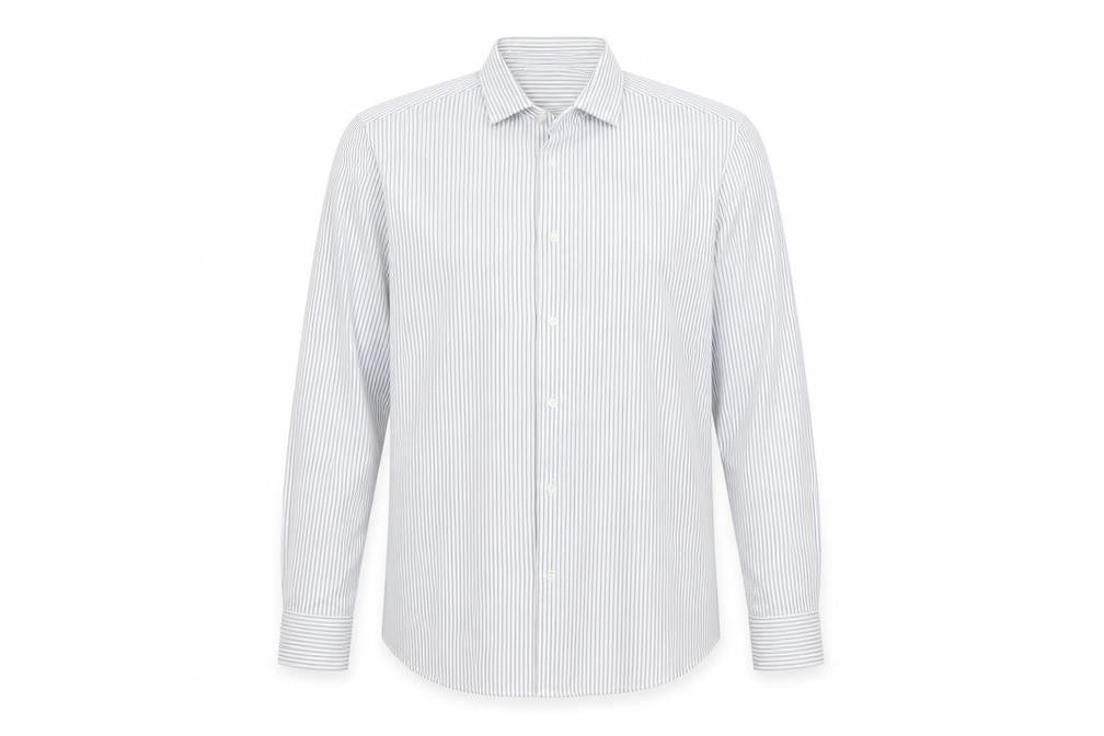 Front view of Next men’s blue striped polyester button-up, size 15.5 collared