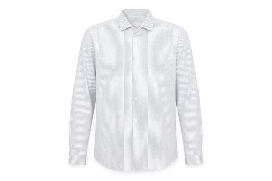 Front view of Next men’s blue striped polyester button-up, size 15.5 collared
