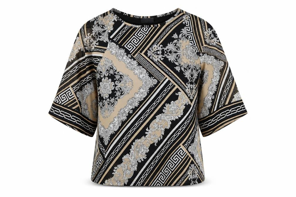 Front view of Wallis women’s black geometric polyester basic blouse, size S, round neck